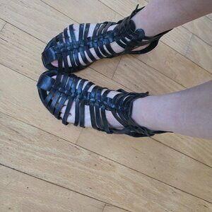 minimalist black leather boho gladiator sandals | WMS 7